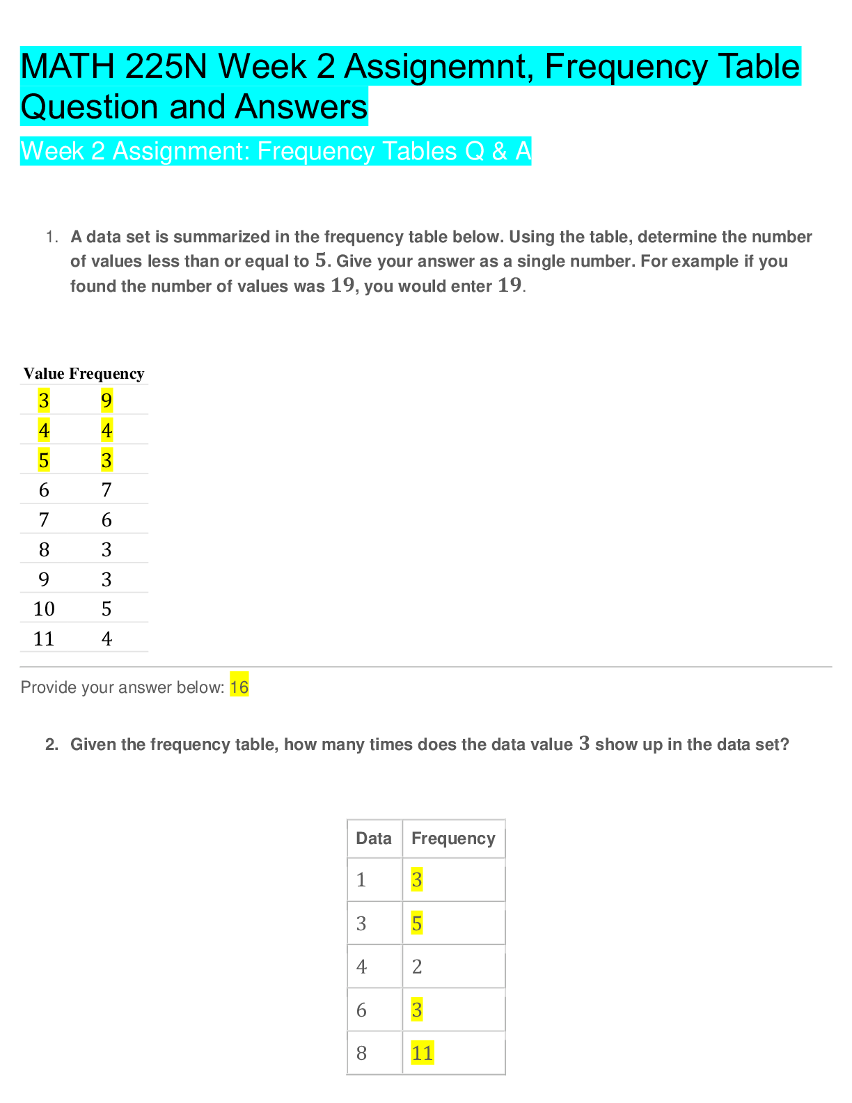 Preview image of MATH 225N Week 2 Assignemnt, Frequency Table Question and Answers 2020 document